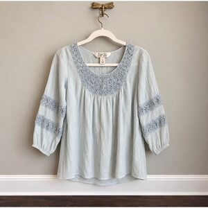 Krazy Kat Boho Peasant Blouse Sage Green Embroidered Pearl Lace Top Small